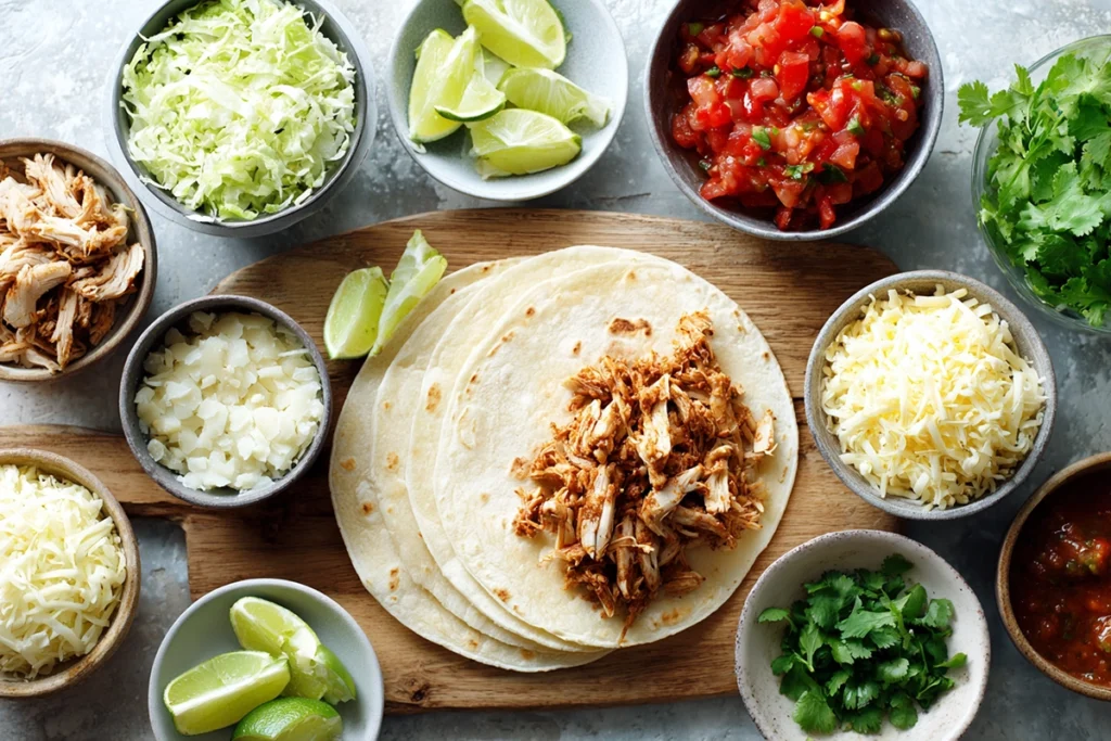 taco assembly station with toppings for crockpot chicken tacos