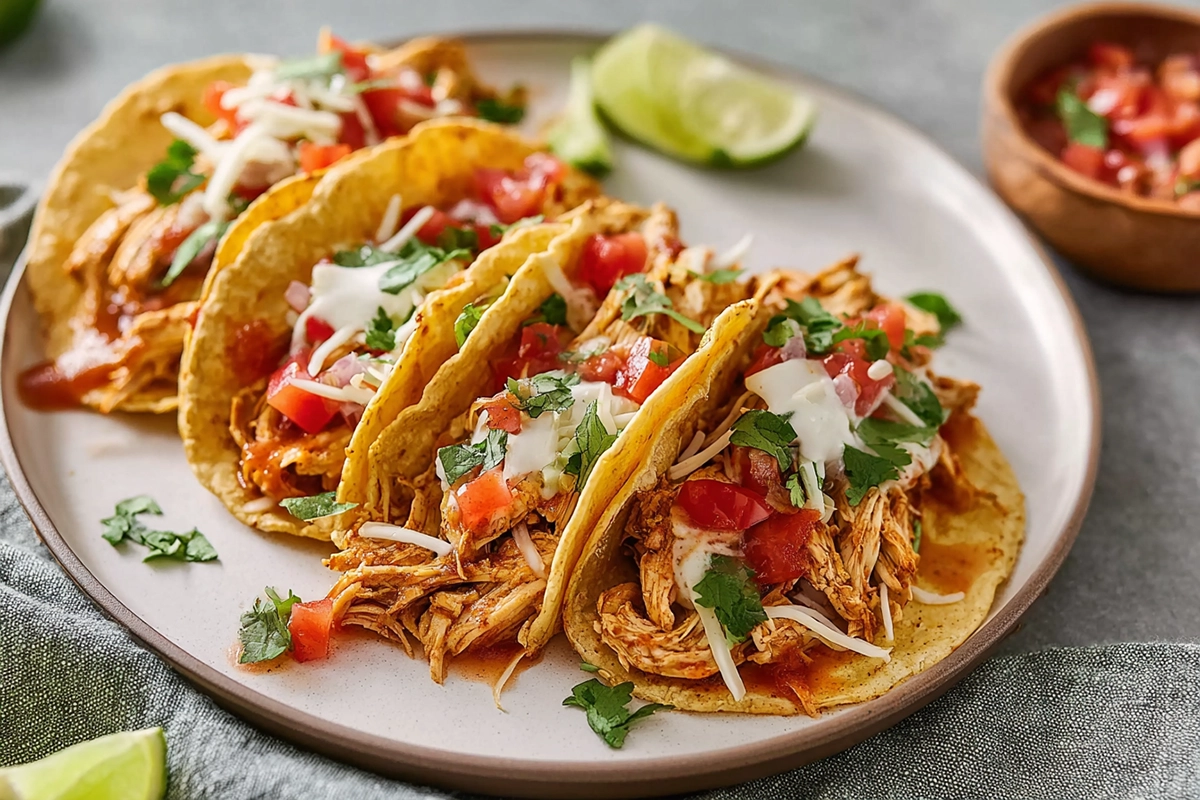 hero image of crockpot chicken tacos on a modern plate with natural lighting