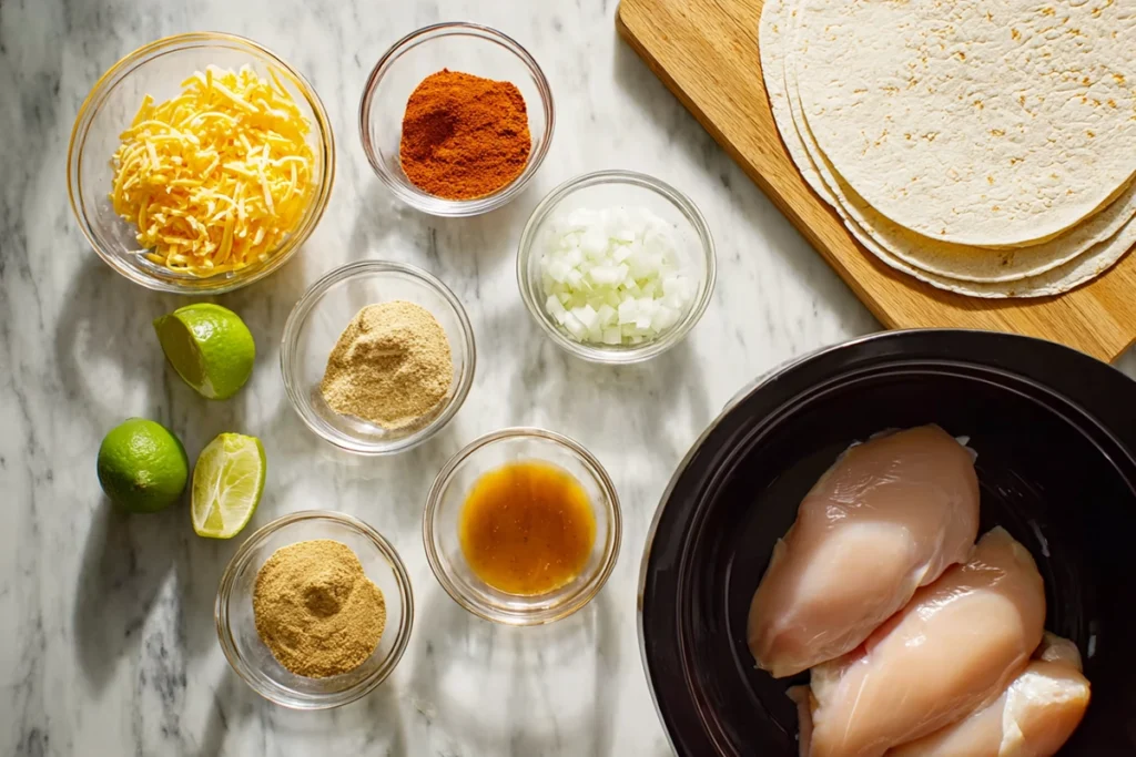 overhead image of crockpot chicken tacos ingredients arranged in glass bowls