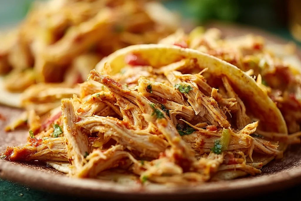macro texture shot of shredded chicken filling for crockpot chicken tacos