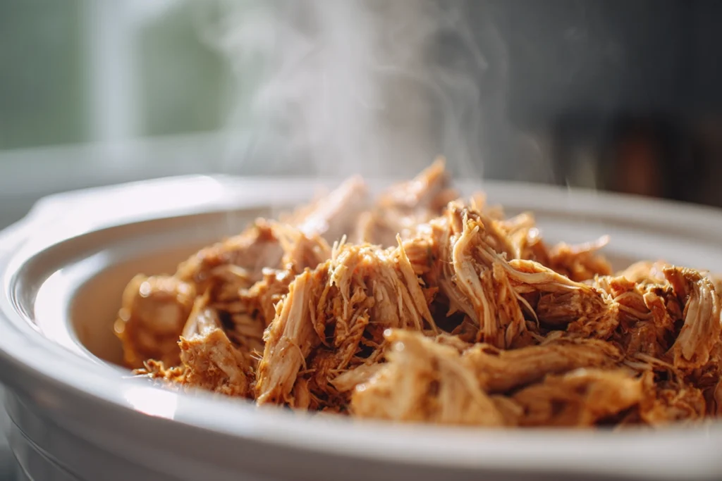 shredded chicken in crockpot showing tender texture for crockpot chicken tacos