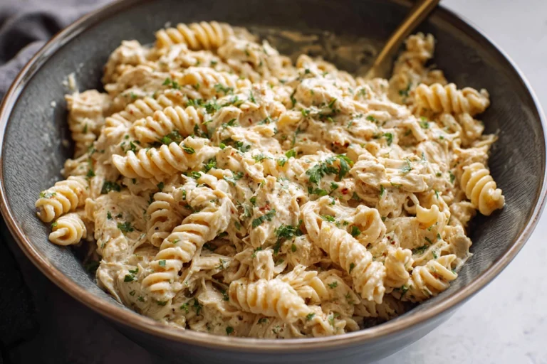 Photorealistic hero shot of crockpot garlic parmesan chicken pasta served in a modern kitchen