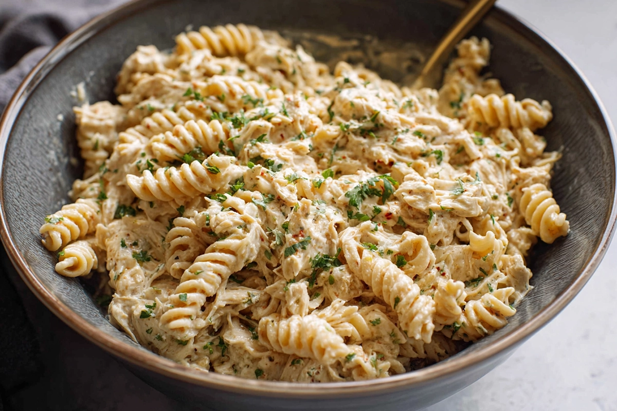 Photorealistic hero shot of crockpot garlic parmesan chicken pasta served in a modern kitchen