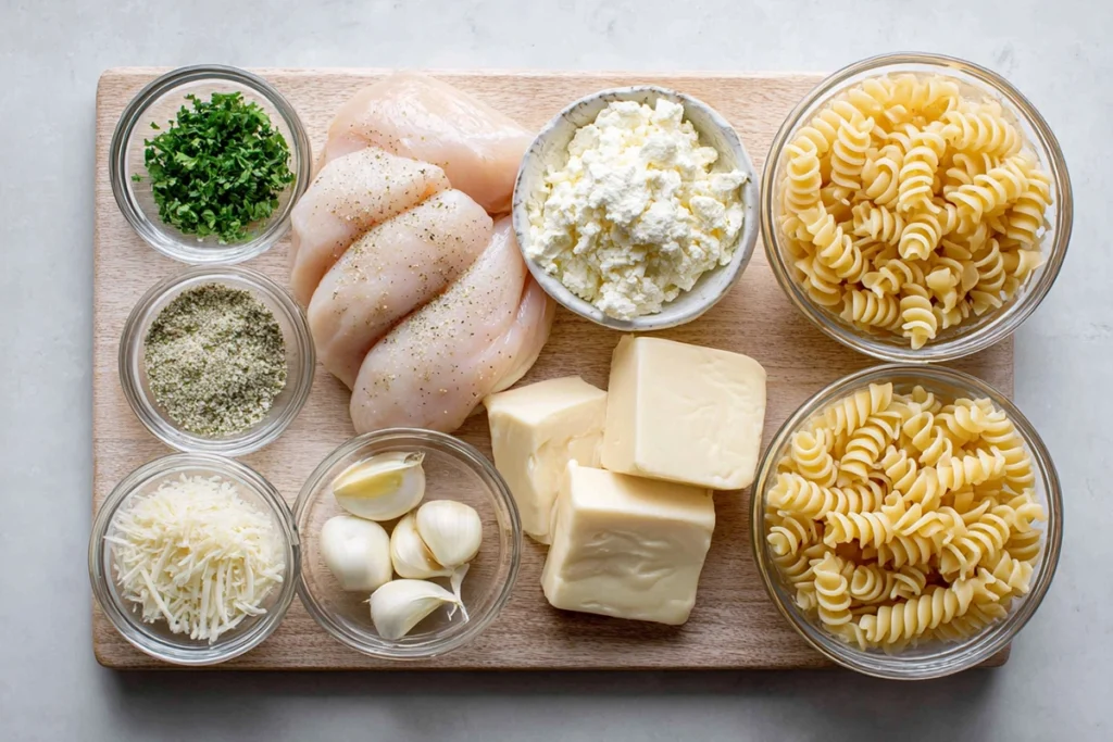 Overhead ingredients shot of crockpot garlic parmesan chicken pasta in glass bowls