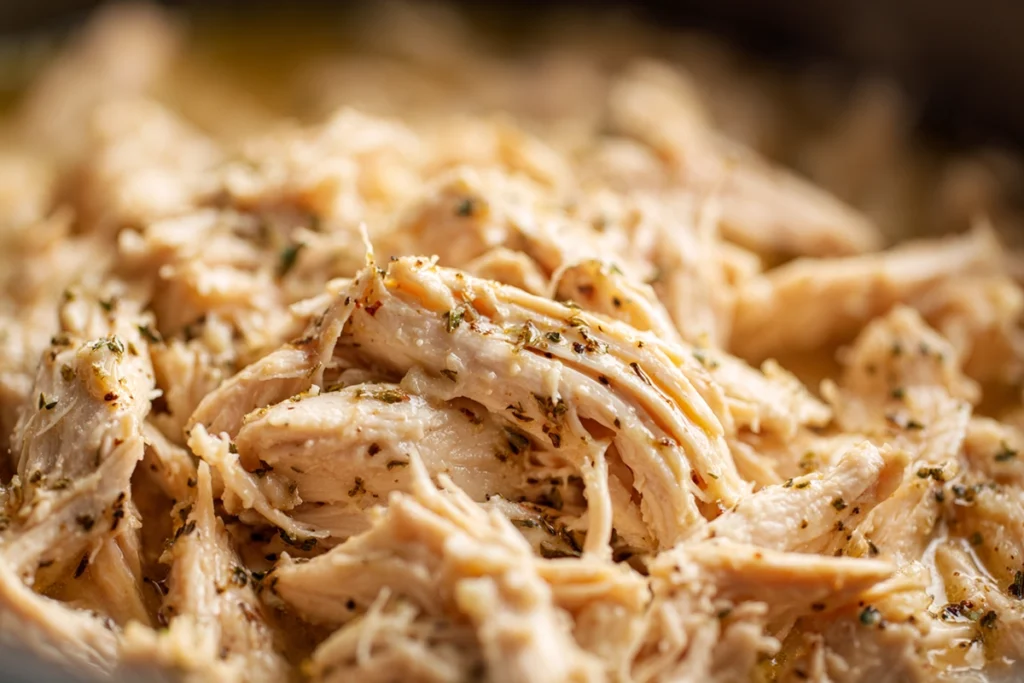 Close-up macro shot of shredded chicken for crockpot garlic parmesan chicken pasta