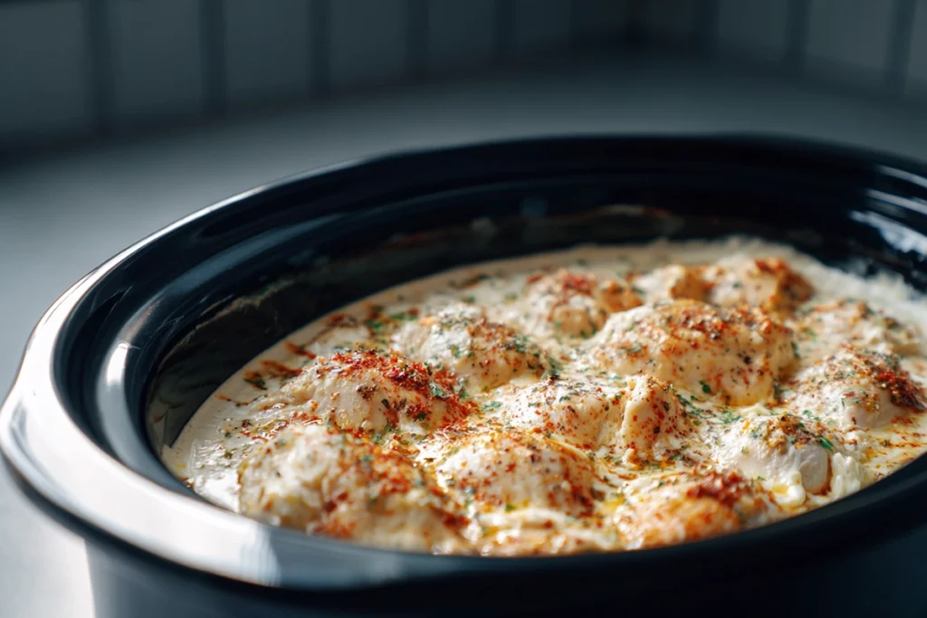 Slow cooker preparation of crockpot garlic parmesan chicken pasta ingredients