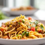 photorealistic crockpot taco spaghetti hero shot in modern kitchen