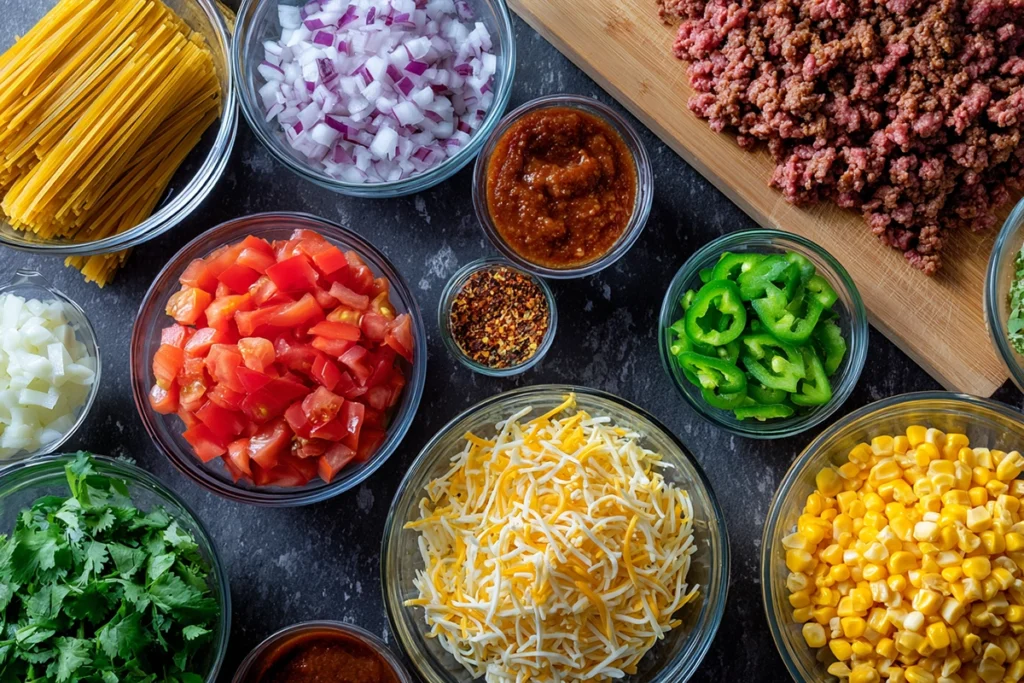 overhead photo of crockpot taco spaghetti ingredients in glass bowls