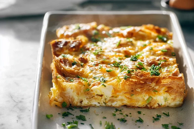 photorealistic hero shot of Croissant Omelet Breakfast Casserole on modern kitchen counter