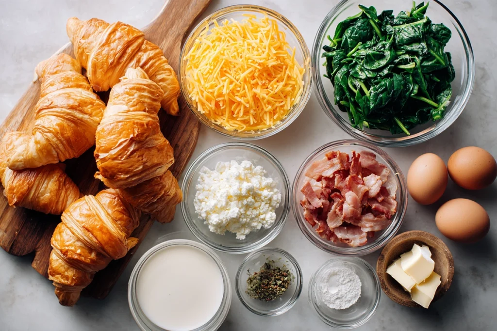 overhead photo of Croissant Omelet Breakfast Casserole ingredients arranged in bowls