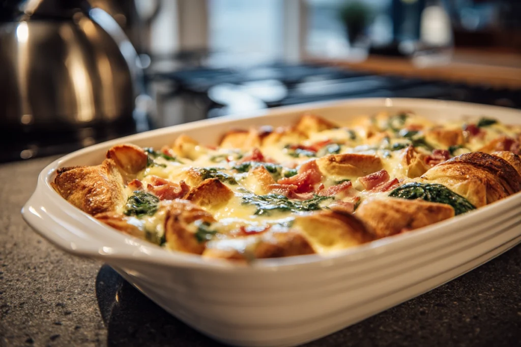 preparation layers of Croissant Omelet Breakfast Casserole in modern kitchen