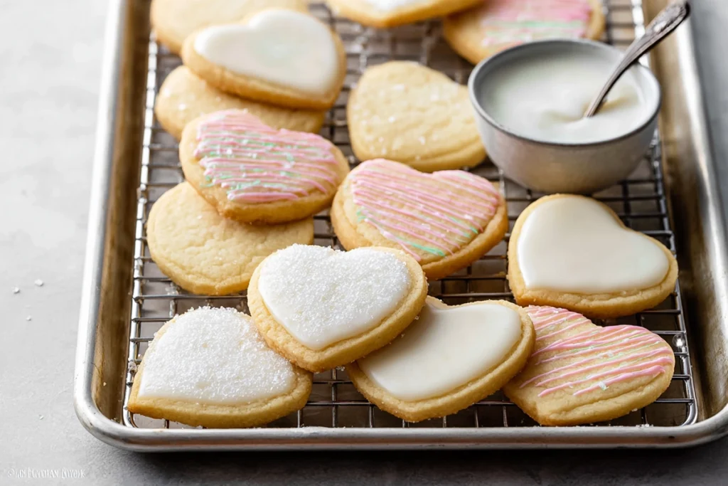 decorated sugar cookies cooling on rack in bright modern kitchen