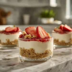 close-up of layered dessert cups with cheesecake mousse and berries in modern kitchen