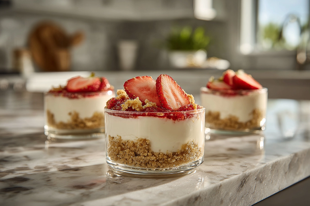 close-up of layered dessert cups with cheesecake mousse and berries in modern kitchen