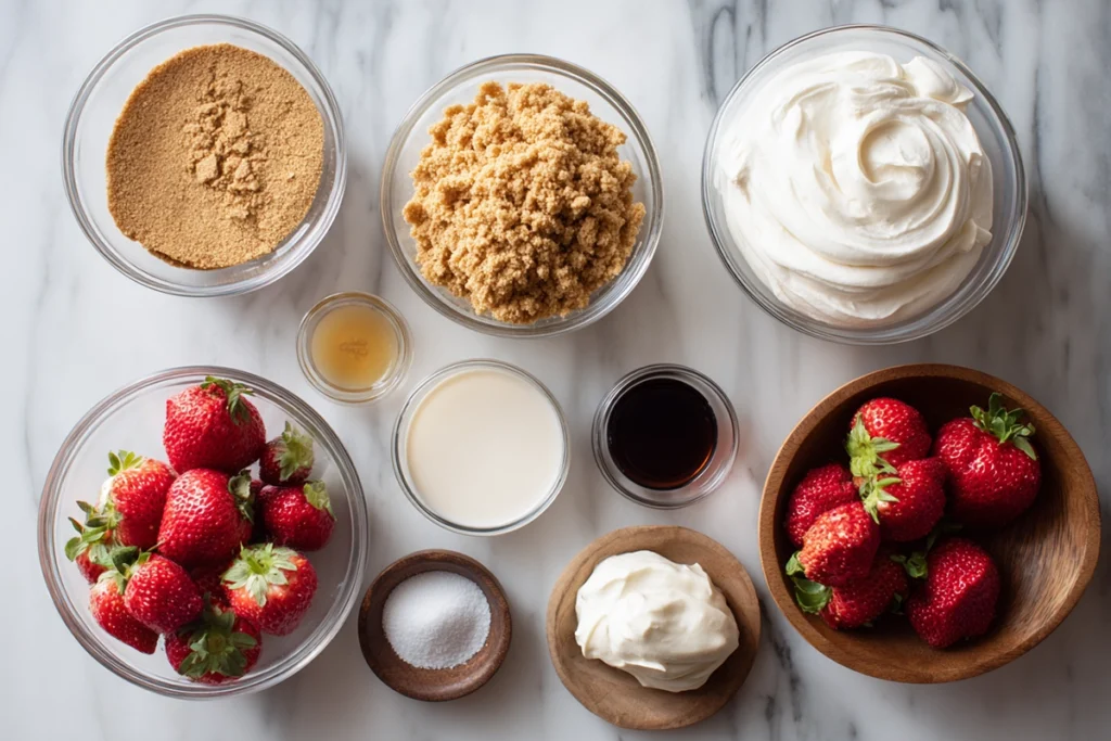 overhead shot of dessert cup ingredients including berries, graham crackers, and cream cheese