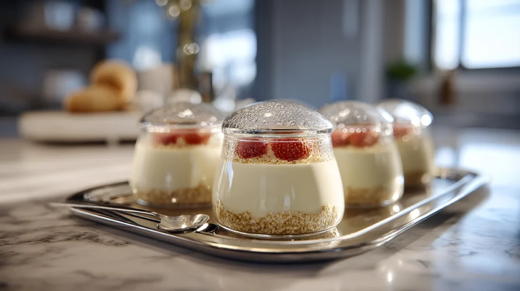 chilled dessert cups with lids on silver tray in modern kitchen