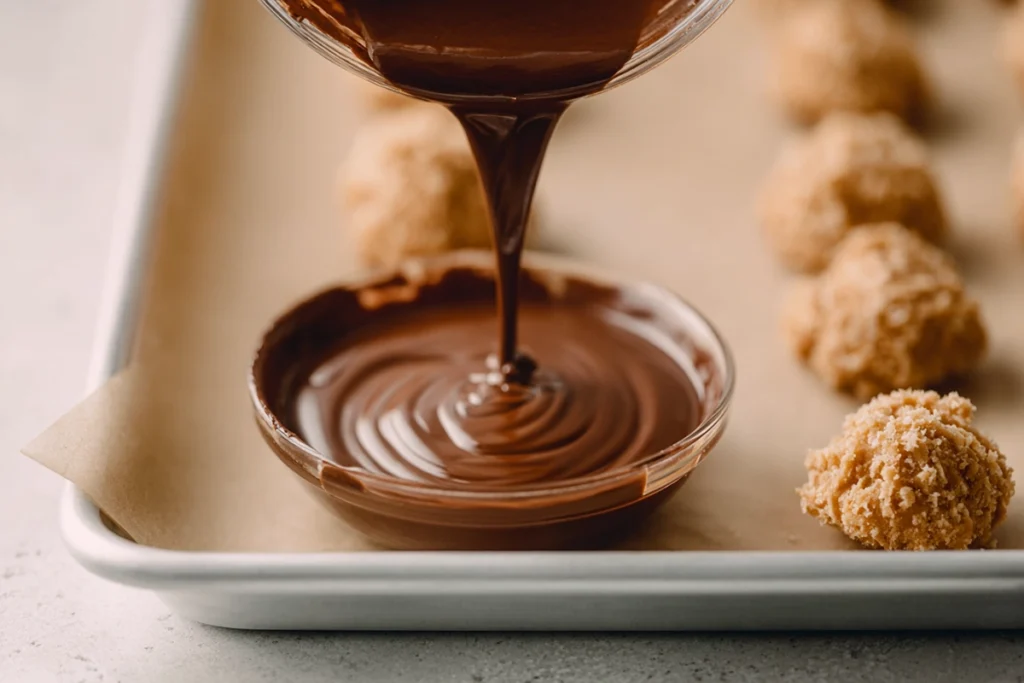 close-up of no-bake Butterfinger bite being dipped in melted chocolate
