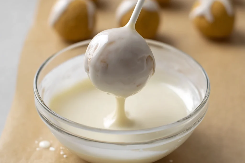 close-up 45-degree shot of no bake pumpkin cheesecake ball being dipped in melted white chocolate