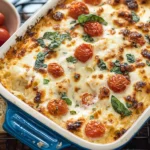 easy Caprese dip served in a white bowl with mozzarella, tomatoes, and basil