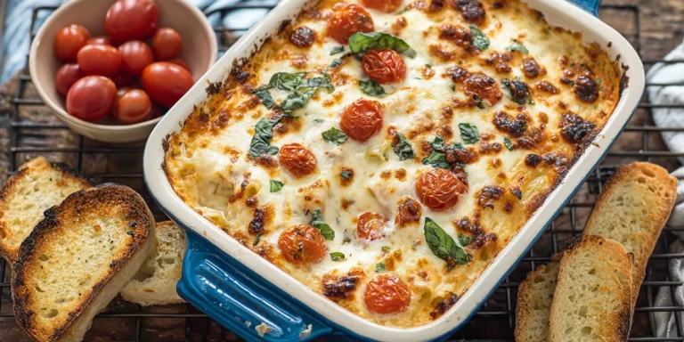 easy Caprese dip served in a white bowl with mozzarella, tomatoes, and basil