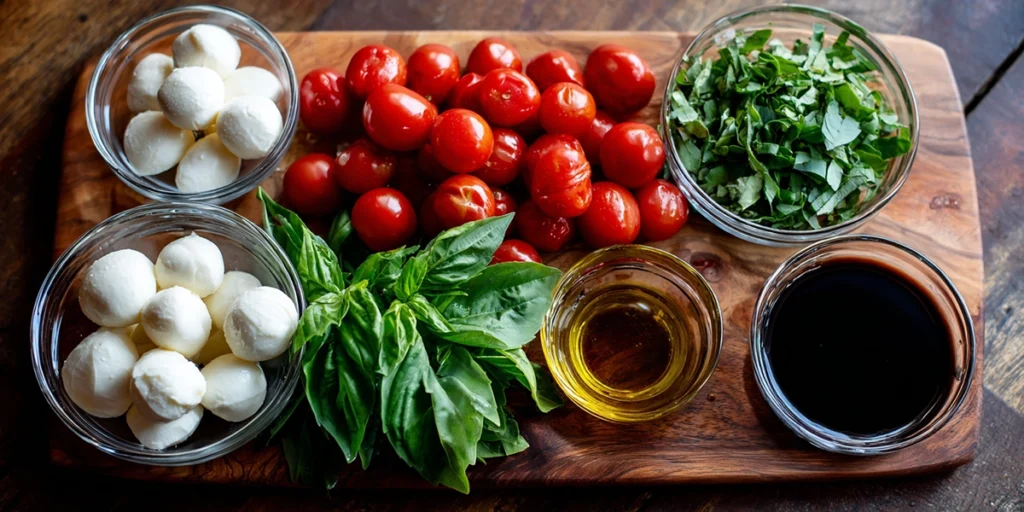 ingredients for easy Caprese dip arranged on a wooden board, including tomatoes, basil, mozzarella