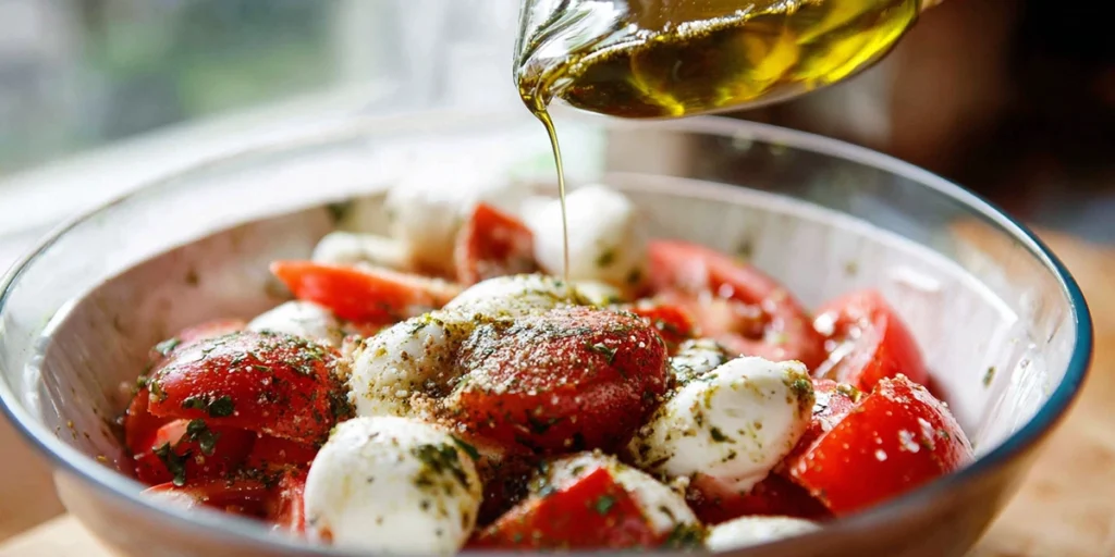 mixing fresh tomatoes, mozzarella, and basil for Caprese dip with olive oil