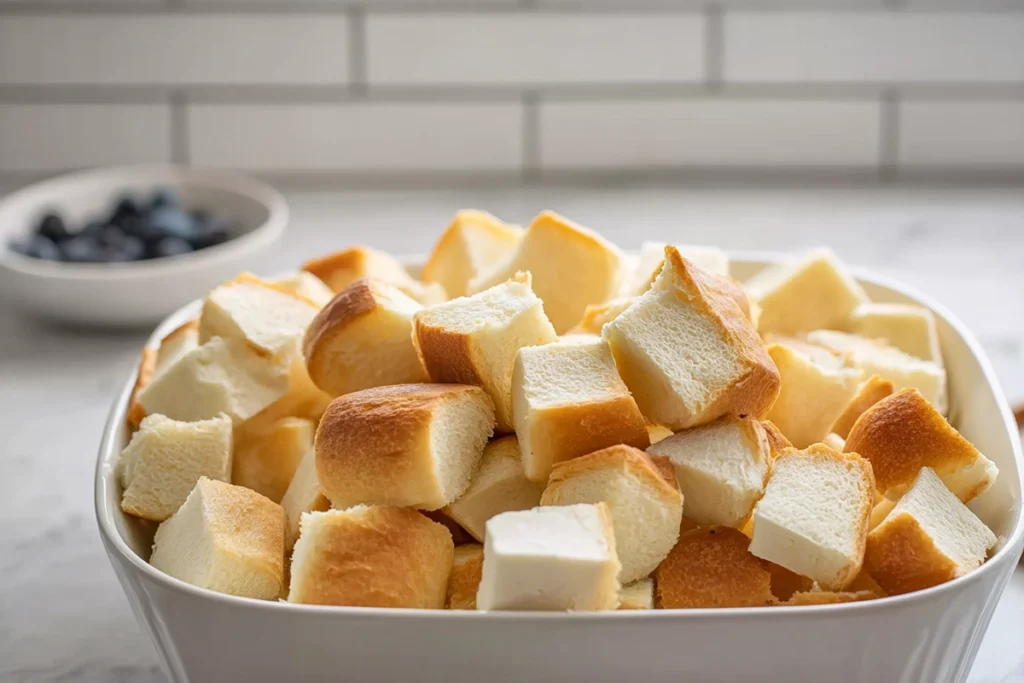 close-up brioche cubes for blueberry french toast casserole ingredients