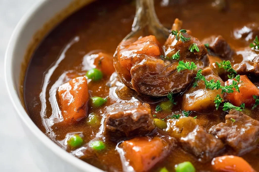 finished slow cooker beef stew with fresh parsley garnish