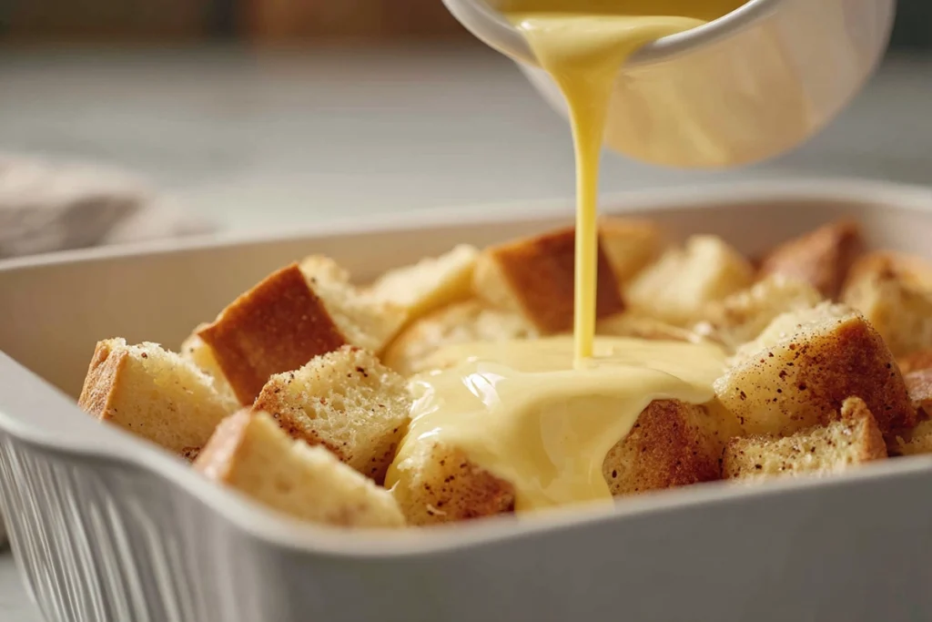French Toast Bake preparation step showing egg-custard mixture being poured over bread cubes in a baking dish