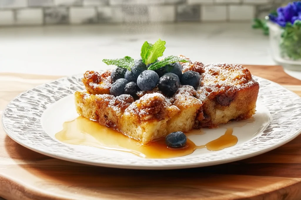 Close-up of a slice of French Toast Bake showing custard interior and crispy golden top with syrup drizzle