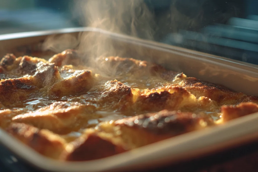 French Toast Bake rising and turning golden brown while baking in the oven