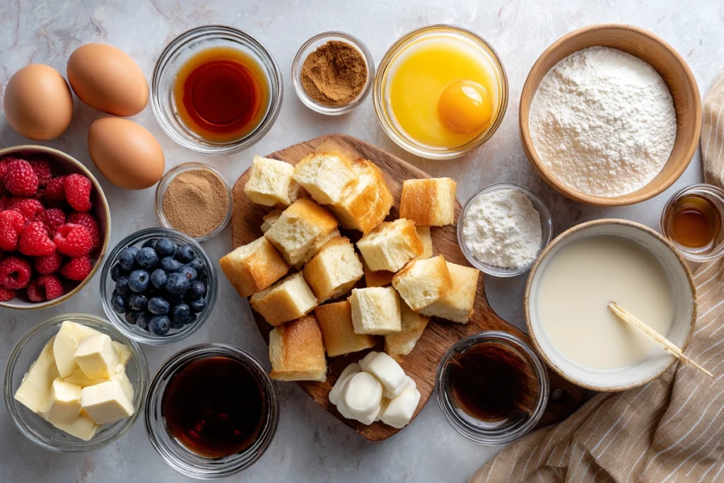 Overhead shot of French Toast Bake ingredients including bread cubes, eggs, milk, brown sugar, and cinnamon in glass bowls