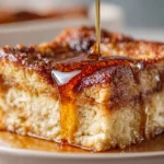 Photorealistic French Toast Bake with golden crust, maple syrup, and powdered sugar on a modern kitchen counter