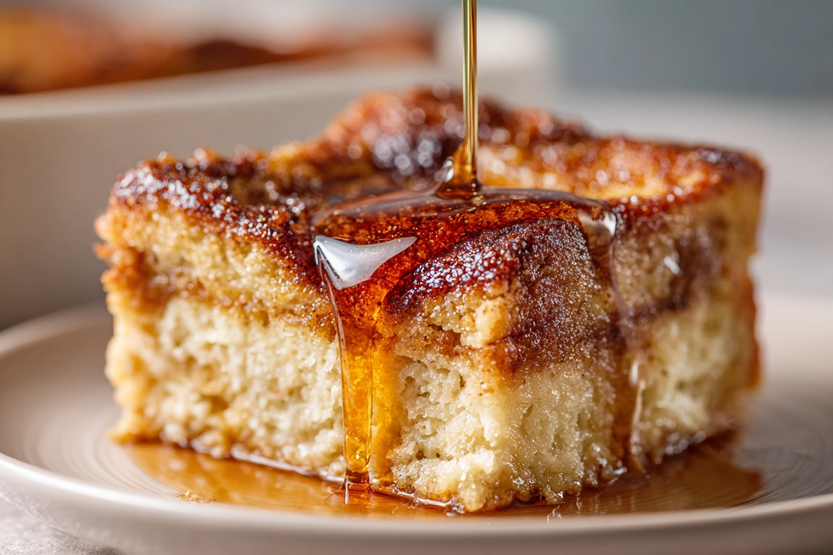 Photorealistic French Toast Bake with golden crust, maple syrup, and powdered sugar on a modern kitchen counter