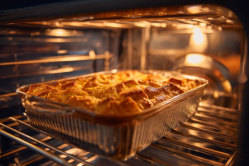 The Ultimate French Toast Casserole: A Make-Ahead Brunch Favorite 9 golden French Toast Casserole baking in the oven with crisp top layer and soft steam rising