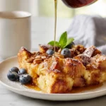 photorealistic French Toast Casserole served warm with syrup and blueberries in a modern kitchen