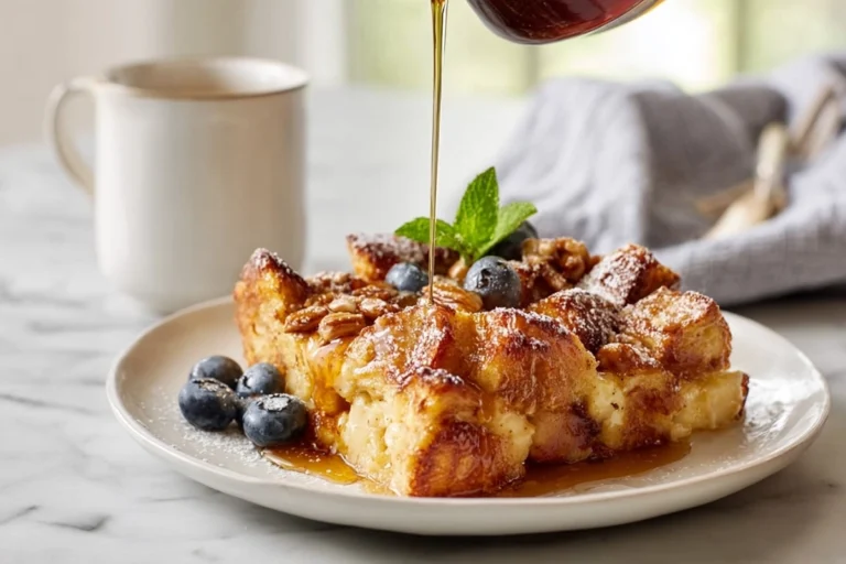 photorealistic French Toast Casserole served warm with syrup and blueberries in a modern kitchen