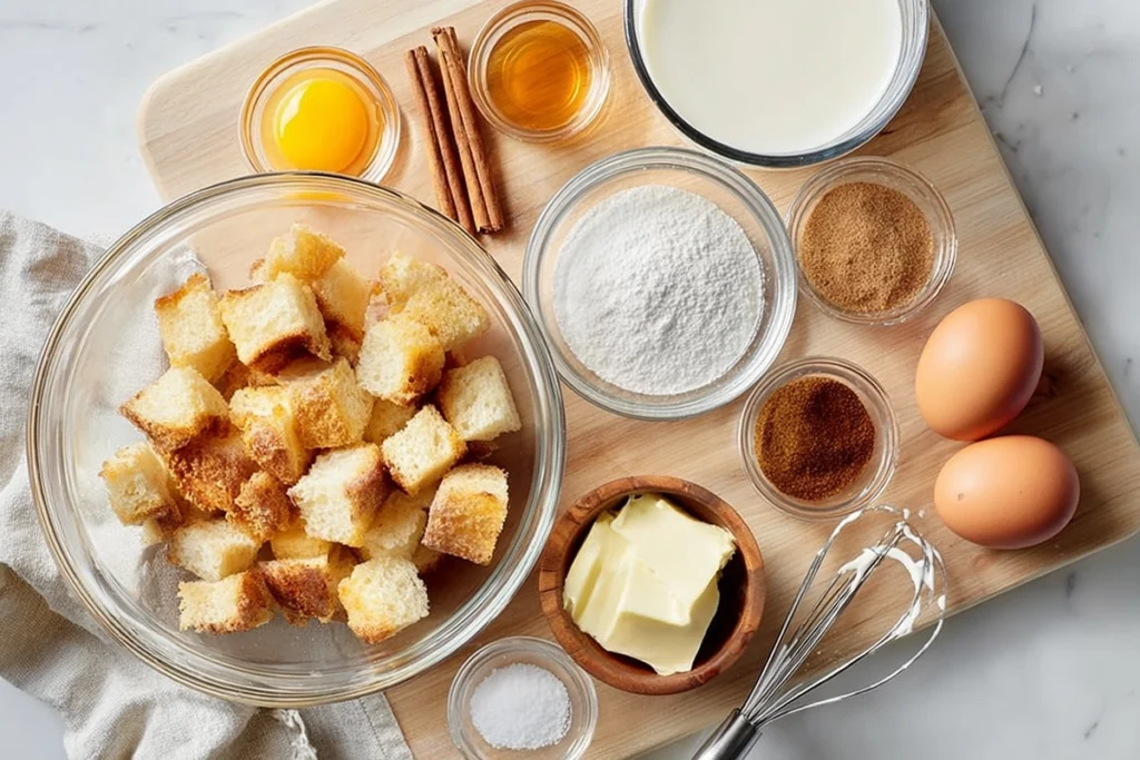 The Ultimate French Toast Casserole: A Make-Ahead Brunch Favorite 7 overhead view of French Toast Casserole ingredients arranged neatly in glass bowls on a wooden board