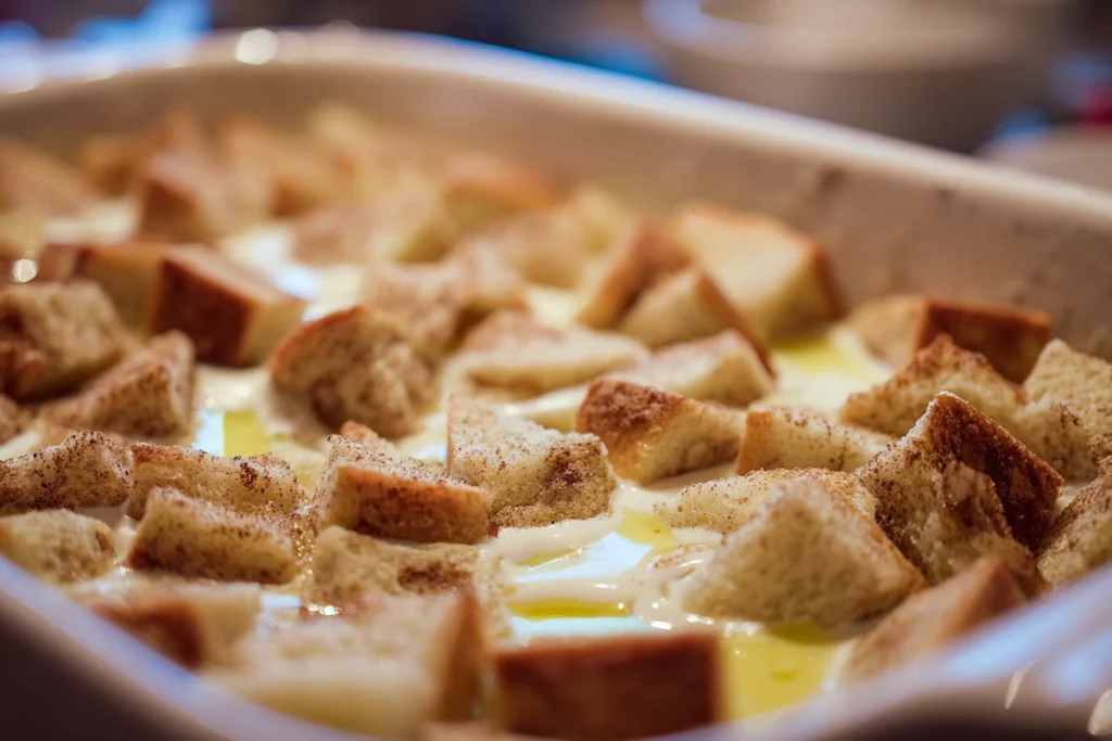 The Ultimate French Toast Casserole: A Make-Ahead Brunch Favorite 8 close-up of cubed bread being soaked in creamy custard for French Toast Casserole in a bright kitchen