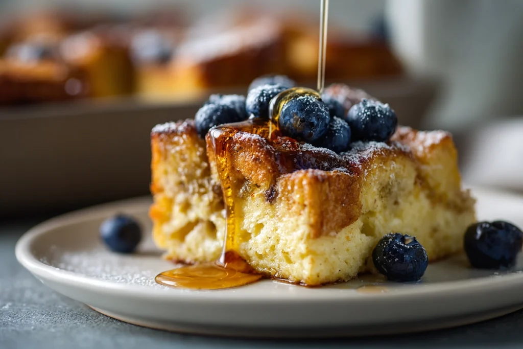 The Ultimate French Toast Casserole: A Make-Ahead Brunch Favorite 10 close-up of a plated French Toast Casserole slice with blueberries and maple syrup in natural light