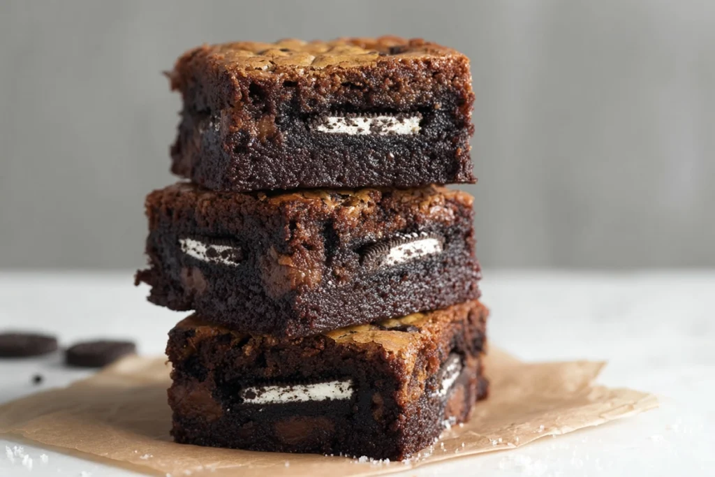 close-up of freshly baked slutty brownies cookie dough cooling in the pan