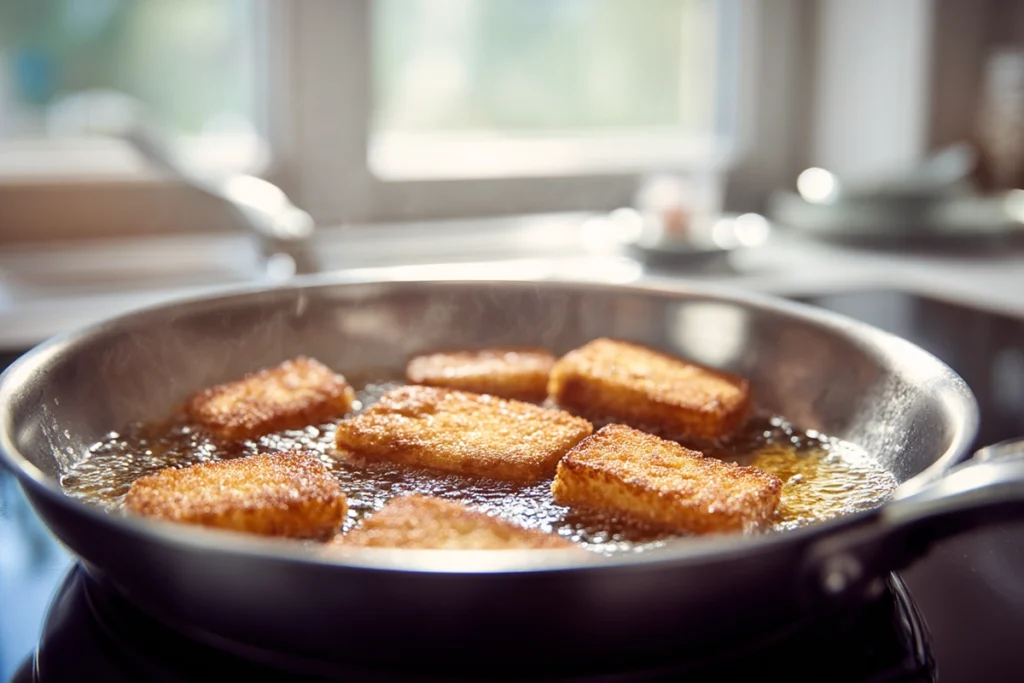 Crispy rice cakes frying in a stainless-steel pan for spicy tuna crispy rice