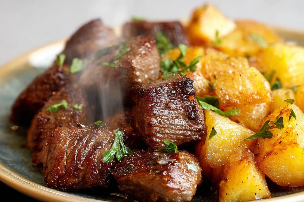 Close-up of Garlic Butter Beef Bites and Potatoes showing crispy texture