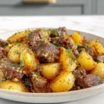 Garlic Butter Beef Bites and Potatoes served on a white plate in natural light