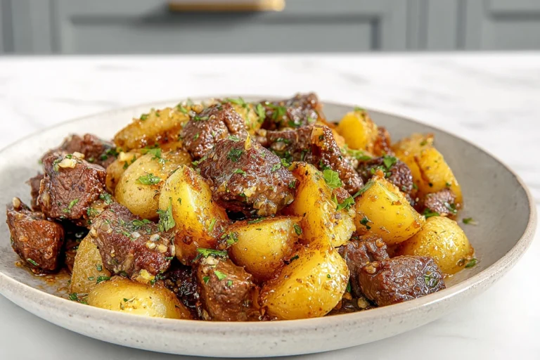 Garlic Butter Beef Bites and Potatoes served on a white plate in natural light