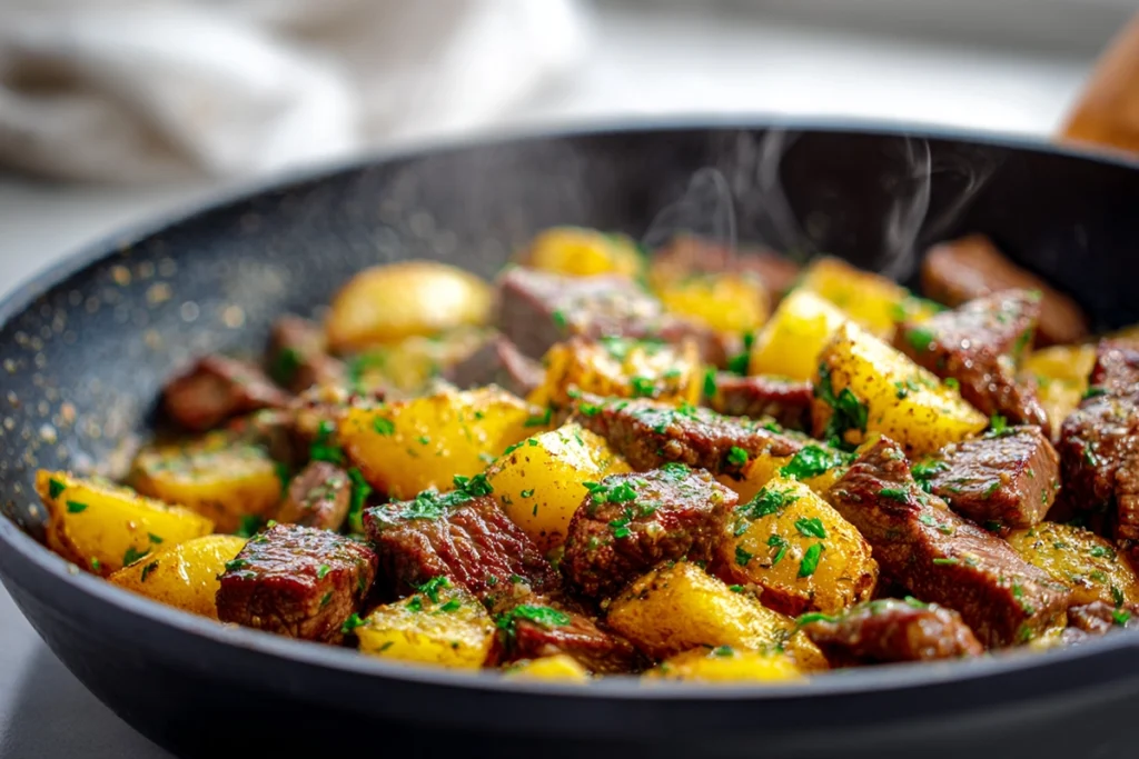 Skillet of Garlic Butter Beef Bites and Potatoes tossed in herb butter