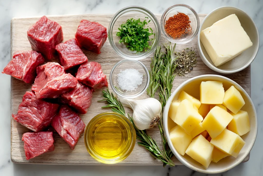 Overhead shot of ingredients for Garlic Butter Beef Bites and Potatoes recipe