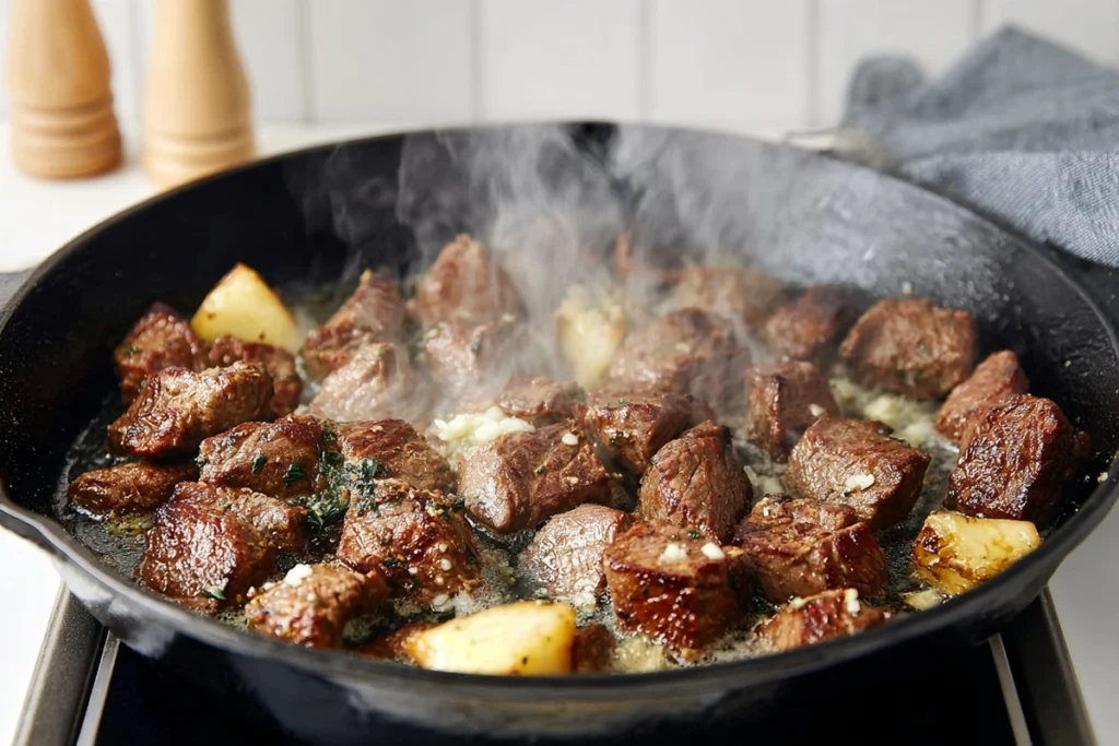 Beef bites searing in a cast-iron skillet with bubbling garlic butter