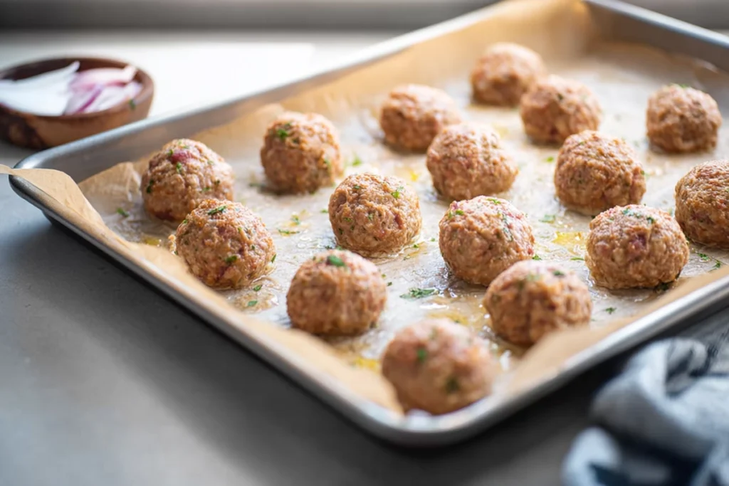 turkey meatballs baking for Greek Turkey Meatballs with Tzatziki