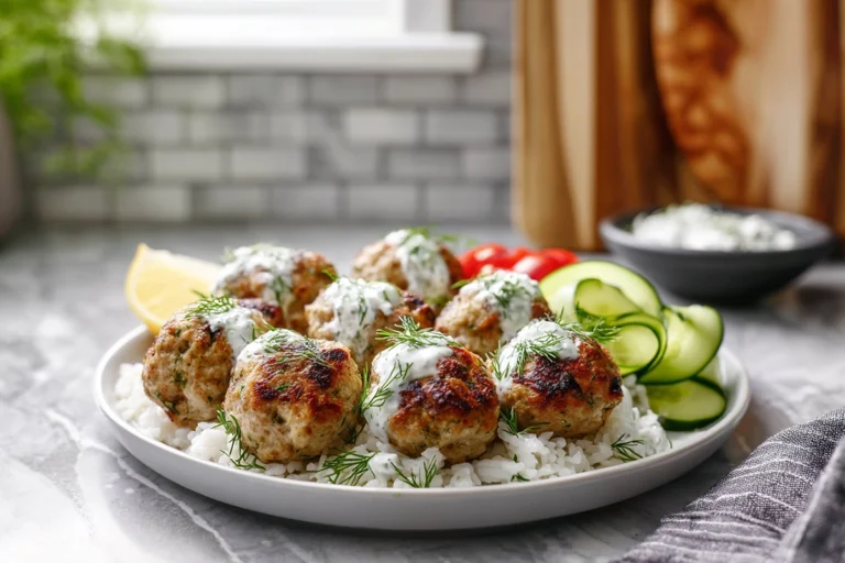 plated Greek Turkey Meatballs with Tzatziki in a modern kitchen